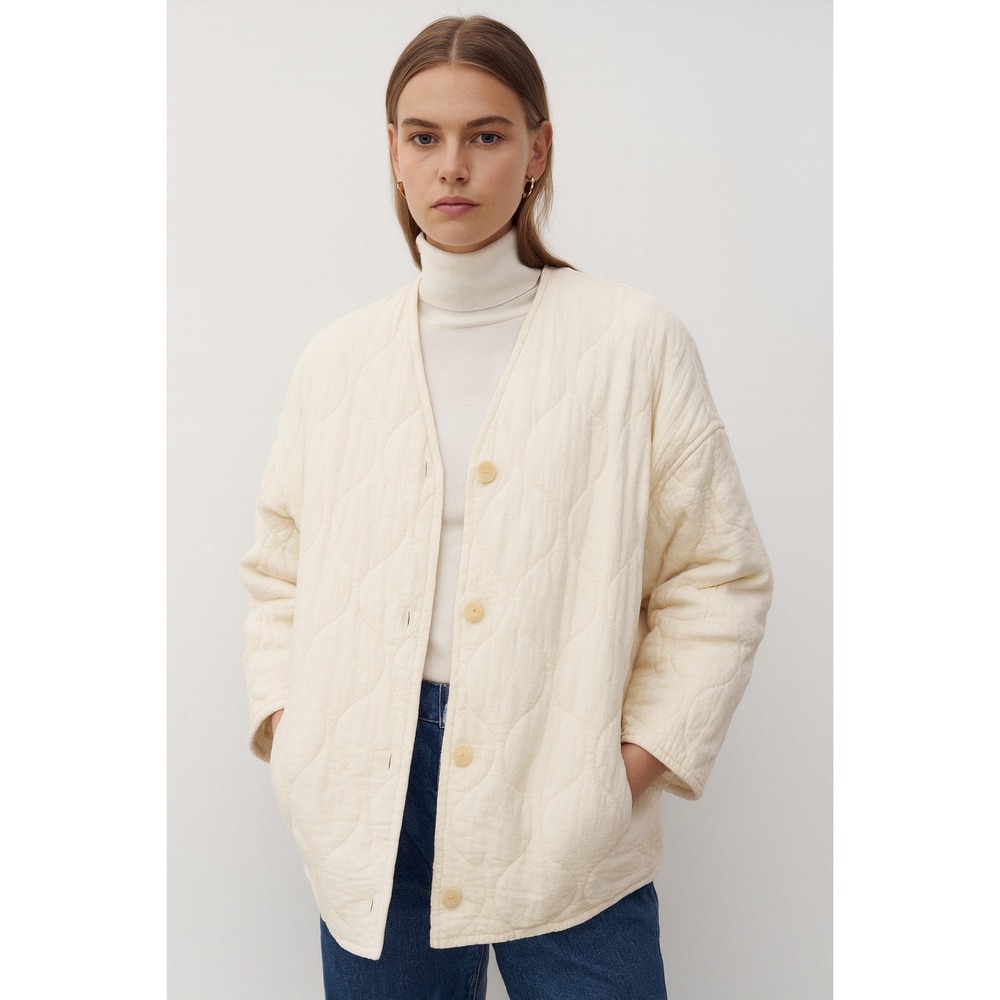Zara Quilted Jacket Top Cream Cotton Blend Oversized Boho S-M Cold Weather 62-36